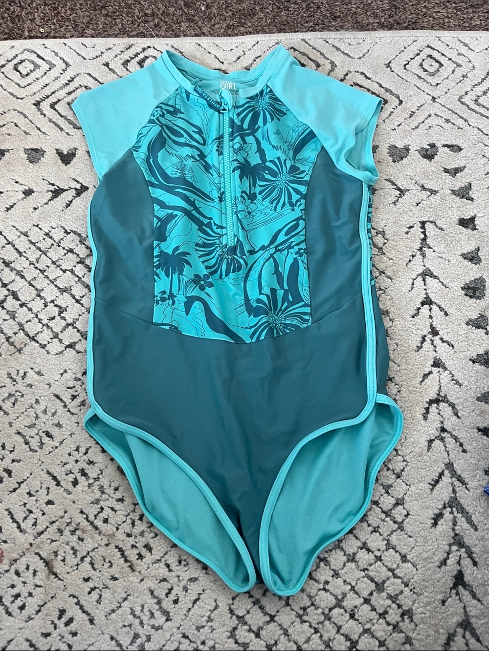 Athleta Girls' Teal and Deep Teal Floral-Panel One-Piece Swim